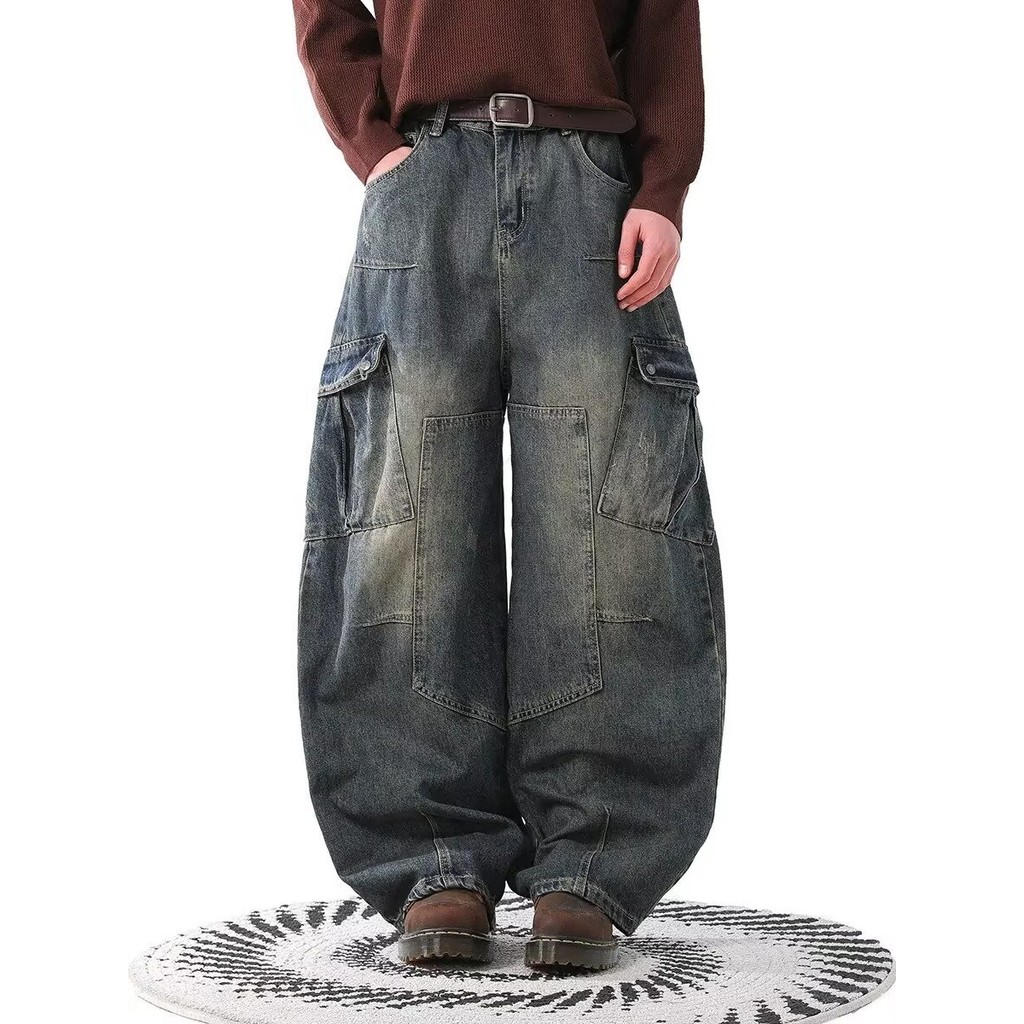 ผู้ชายโค้งมีด ชุดทํางาน กางเกงยีนส์คู่สไตล์กางเกงขากว้างหลวม