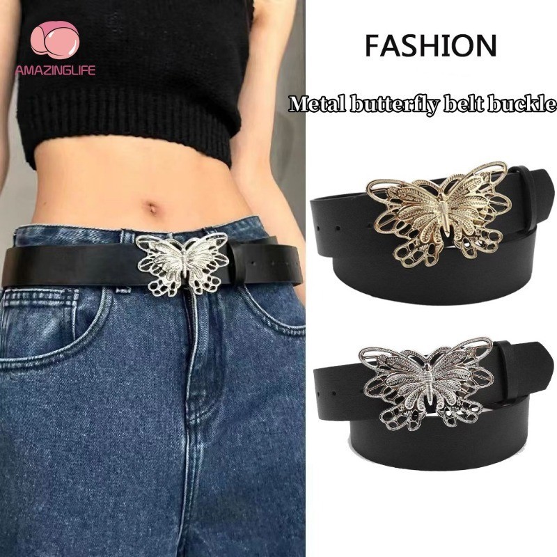 1 ชิ้น Y2K โลหะ ผีเสื้อ เข็มขัด สําหรับผู้หญิง เด็กผู้หญิง แฟชั่น อินเทรนด์ หัวเข็มขัด หนัง Pu เข็มขัดวินเทจ เรียบง่าย ตกแต่งหัวเข็มขัด