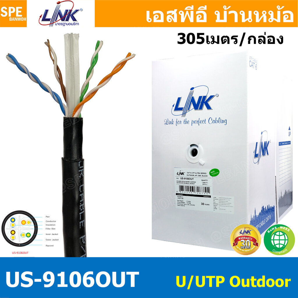 [ 305เมตร ] US-9106OUT สายแลน LINK ภายนอก รุ่น US-9106Out CAT6 ฉนวนสองชั้น Duble Jacket Link Lan Cab