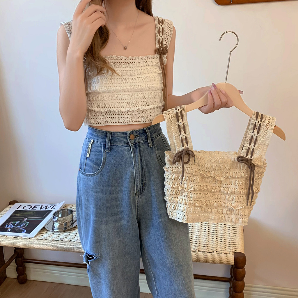 Chic  พร้อมส่ง  เสื้อครอปไหมพรม มีเชือกโบว์ ระบายอากาศดี แฟชั่นมินิมอล ชุดเที่ยว