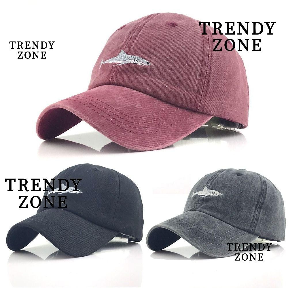 Trendyzone หมวกเบสบอล ผ้าฝ้าย ปักลายฉลาม ปรับได้ สไตล์วินเทจ