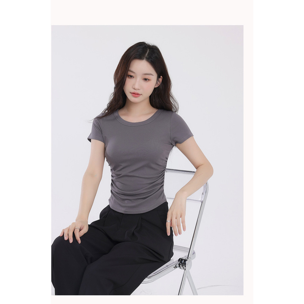 เสื้อครอปท็อป คอกลม แขนสั้น เสริมฟองน้ํา พรีเมี่ยม สําหรับผู้หญิง