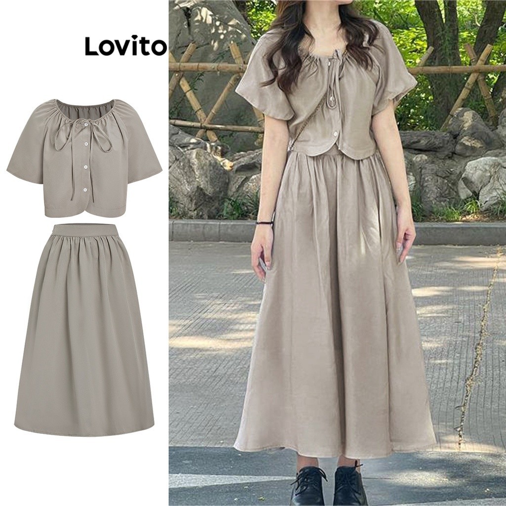 Lovito ชุดเซ็ทกระโปรงผู้หญิง แบบผูกเชือก มีกระดุม สีพื้น สไตล์ลำลอง L67AD132 (สีเขียวเข้ม)