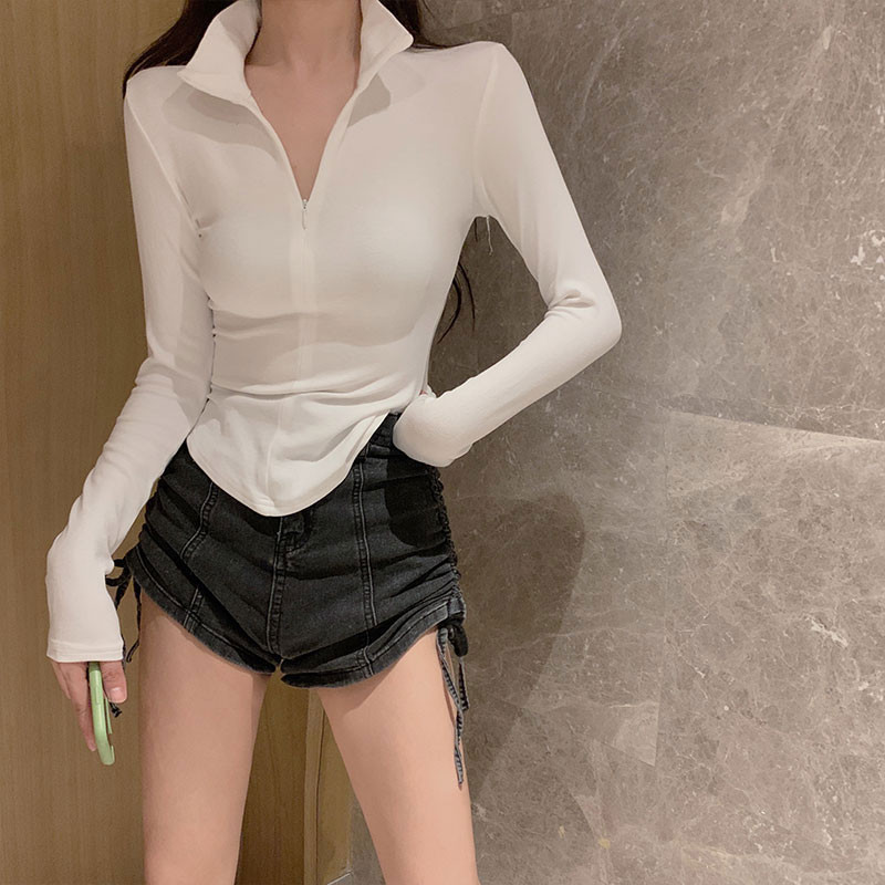 พร้อมส่ง เสื้อยืดแขนยาว คอปก รัดรูป สไตล์ยุโรป อเมริกัน สําหรับผู้หญิง PPMR7213 0NTO