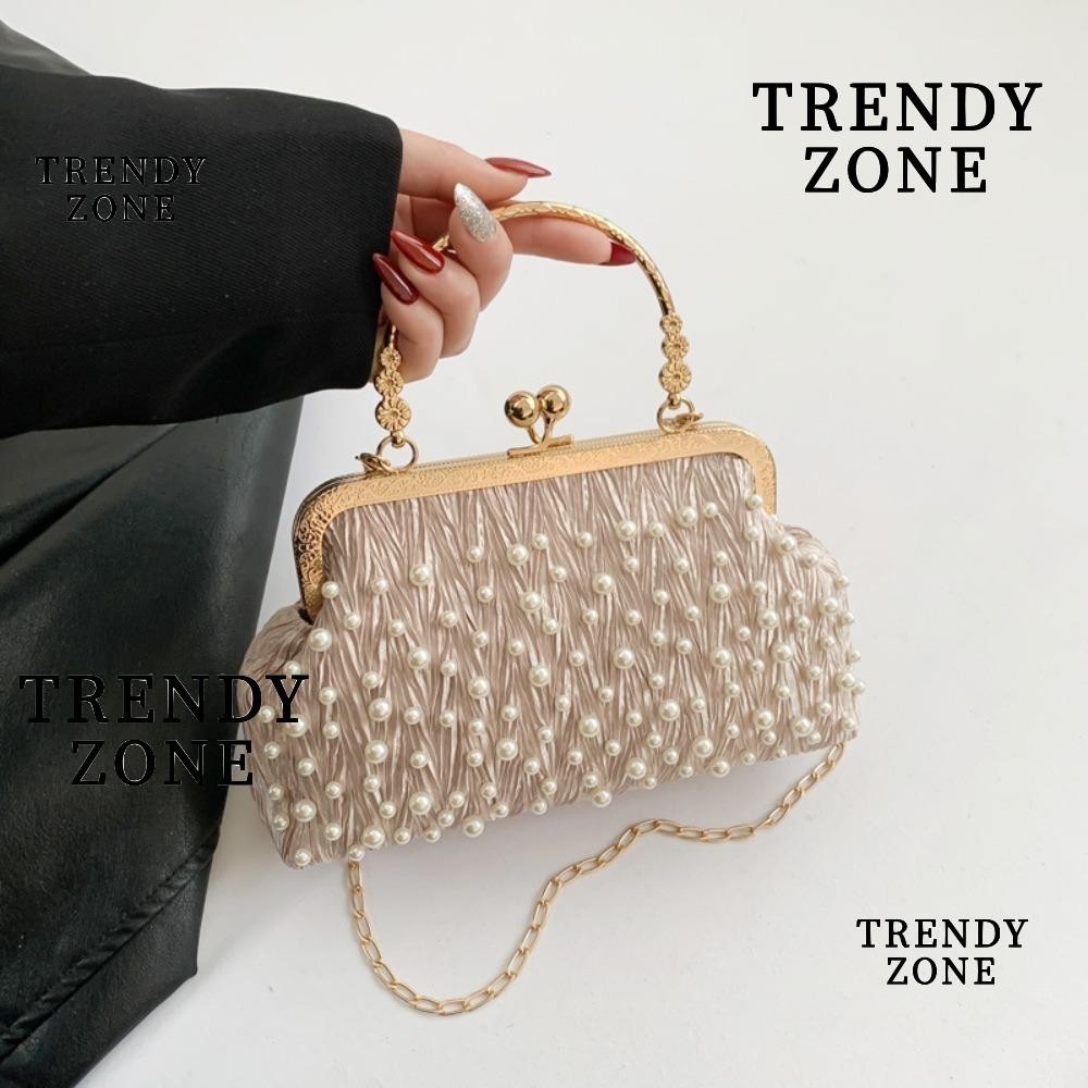 Trendyzone กระเป๋าสะพายไหล่ลําลอง ประดับไข่มุกเทียม ฝังเพชร พร้อมสายโซ่โลหะ สําหรับผู้หญิง