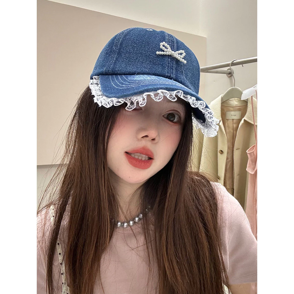 หมวกเบสบอลผ้ายีนแต่งลูกไม้ สไตล์เกาหลี thumbnail 4