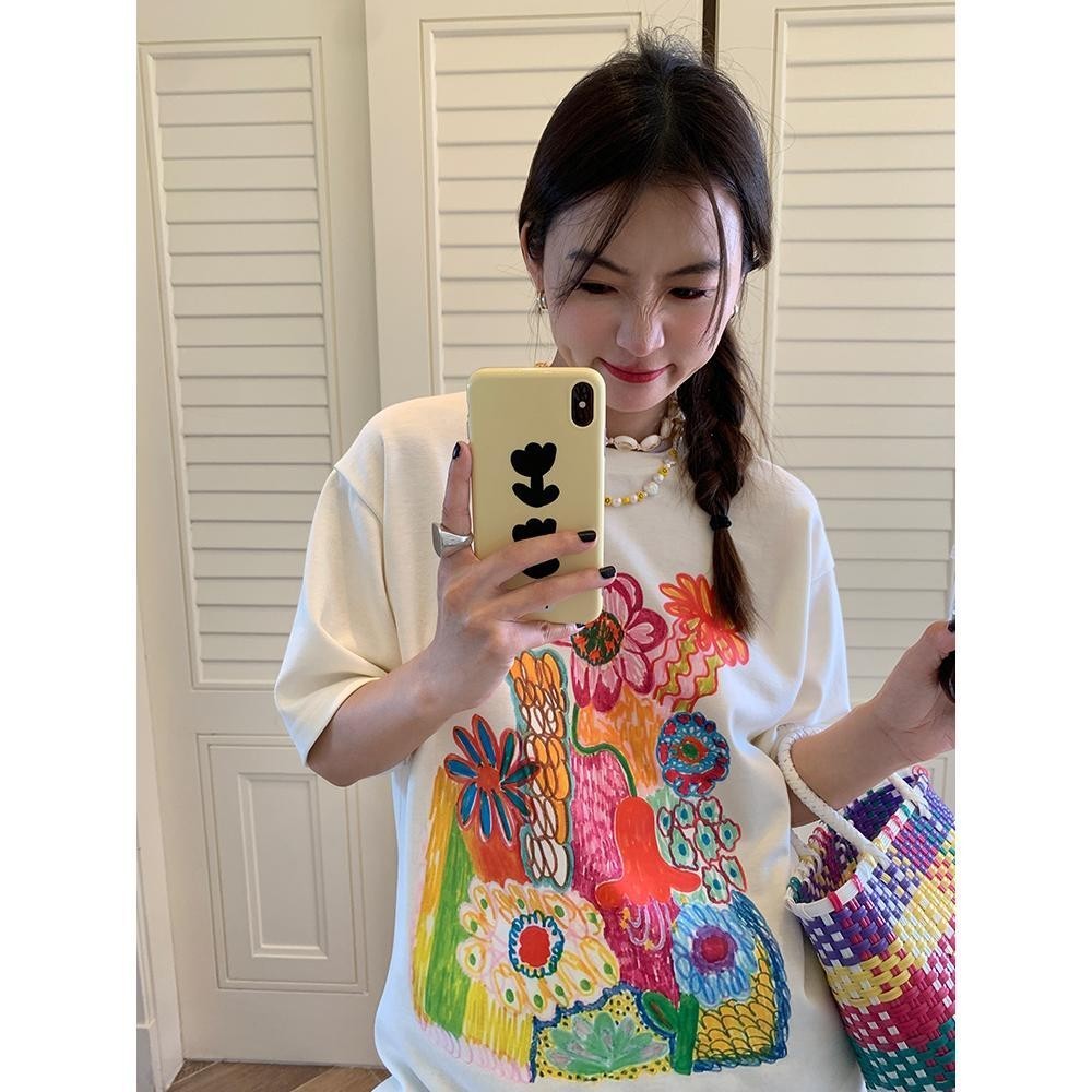 เกาหลี เสื้อแบบดารา เสื้อยืดแขนสั้น CMDXY0312 ผู้ชาย ผู้หญิง ลายทาง ตัวอักษร หลวม ลายสกรีน ฤดูร้อน ฤดูใบไม้ผลิ