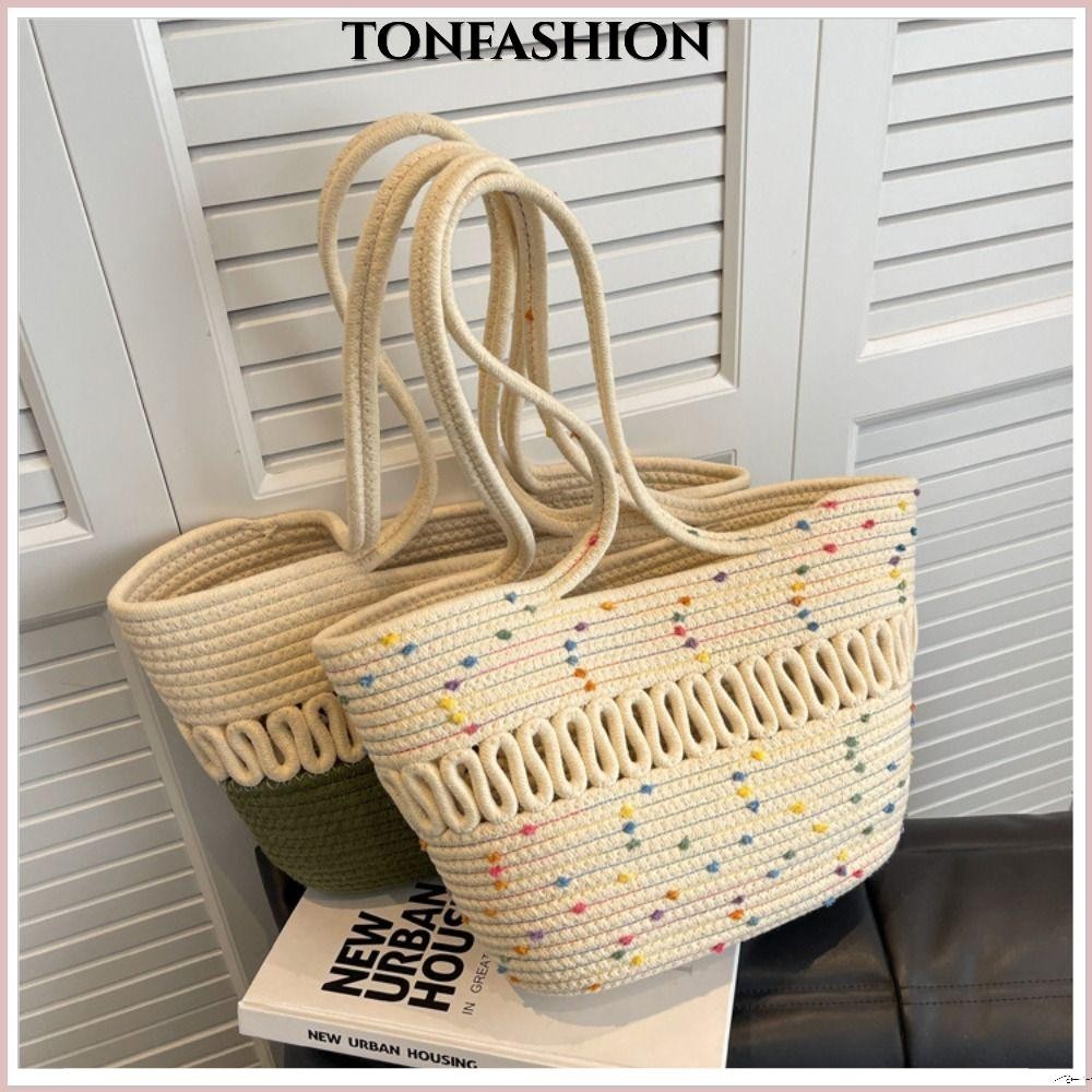 Tonfashion กระเป๋าถือ กระเป๋าสะพายไหล่ ผ้าถักนิตติ้ง แฟชั่นสําหรับสตรี ความจุขนาดใหญ่ ฟางชายหาด