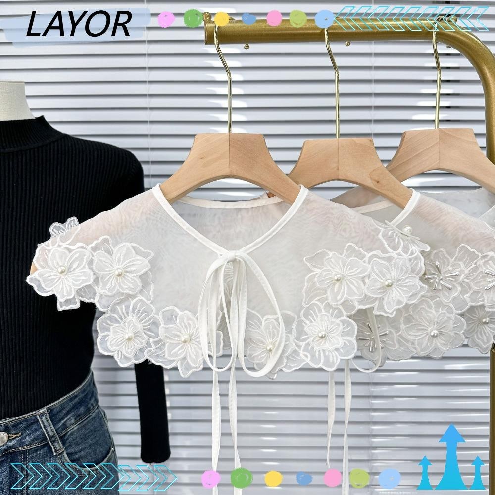 Lay เสื้อลูกไม้คอปกปลอม ปักลาย ถอดออกได้ สีขาว สําหรับผู้หญิง