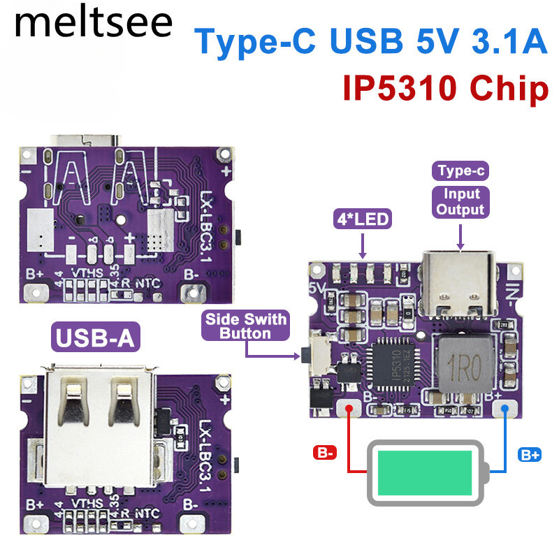 โมดูลพาวเวอร์แบงค์ Type-C USB 5V 3.1A IP5310 พร้อมสวิตช์ไฟ LED Type-C USB 5V 3.1A Boost Converter St