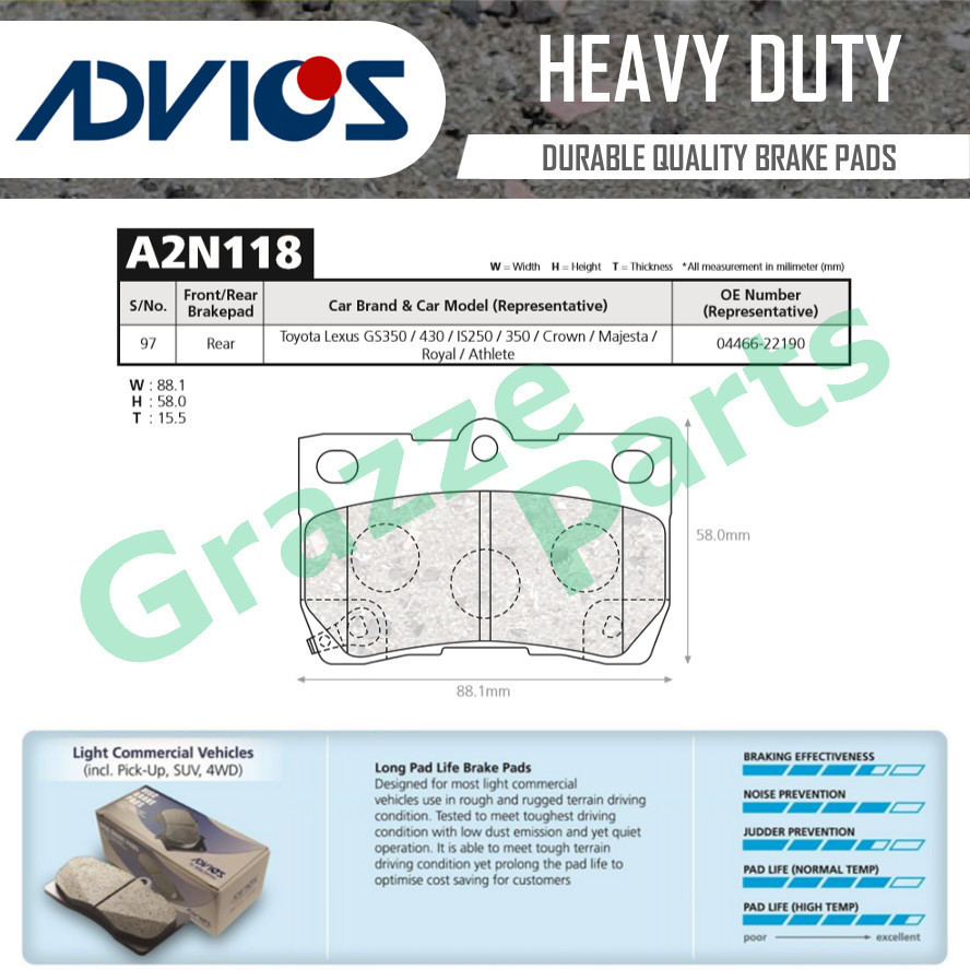Advics Aisin Heavy Duty Disc เบรค Pad ด้านหลัง A2N118Y สําหรับ Lexus IS250 GSE20 XE20 2.5 2005-2013 