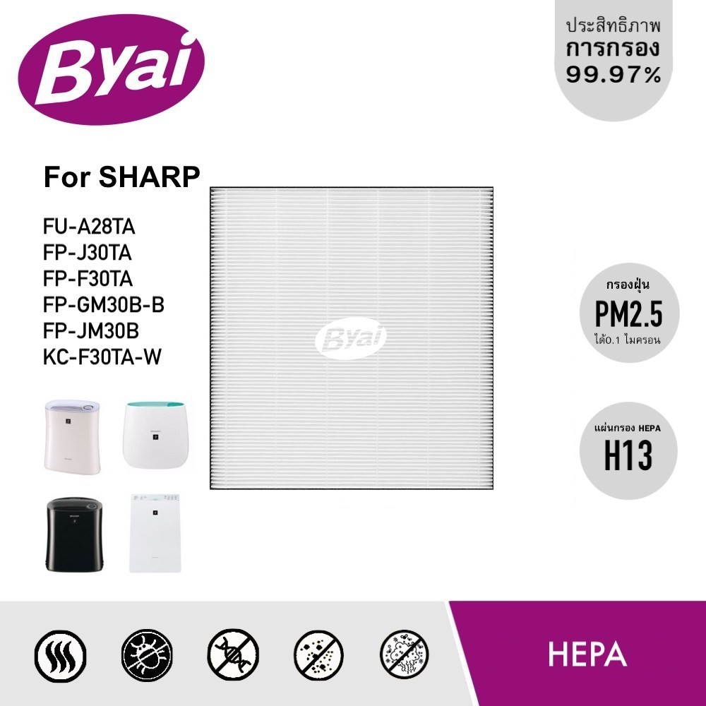 กรองอากาศ Byai แผ่นกรองอากาศ HEPA H13 Filter สำหรับ Sharp รุ่น FU-A28TA, FP-J30TA, FP-F30TA, FP-GM30B-B, FP-JM30B