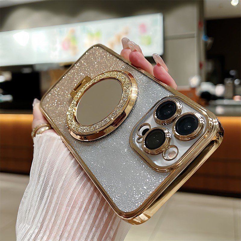 เคสโทรศัพท์มือถือ ซิลิโคนนิ่ม กันกระแทก พร้อมที่ตั้งวางแม่เหล็กกระจก สําหรับ iphone14promax 13promax 15promax 11 14pro 15plus