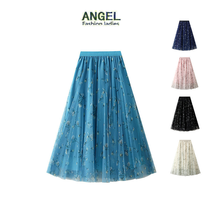 [5 สี] ANGEL กระโปรงยาว เอวสูง ทรงเอ พิมพ์ลายดอกไม้ ผ้าตาข่าย ลําลอง แฟชั่นฤดูร้อน สําหรับผู้หญิง