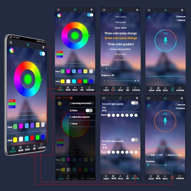 Rgb APP LED รถจักรยานยนต์ รถยนต์ บรรยากาศเท้า ไฟรีโมทคอนโทรล ยืดหยุ่น กันน้ํา ควบคุมเสียง 12V แถบโคมไฟตกแต่ง Moto