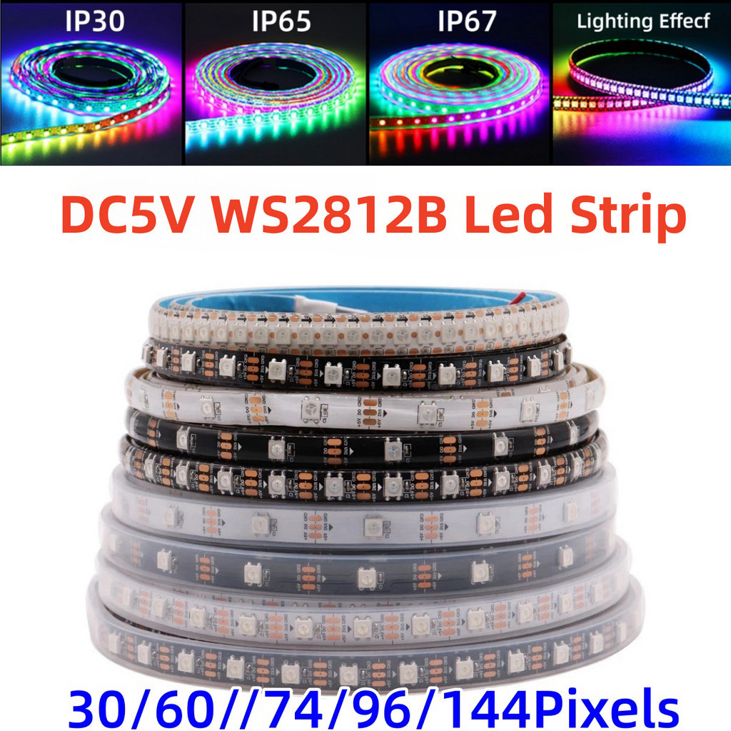 แถบไฟ Led DC5V WS2812B 30 60 74 96 144 RGB พิกเซล สีดํา ขาว PCB IP30 65 67 WS2812 IC 1 ม. 2 ม. 3 ม. 4 ม. 5 ม.