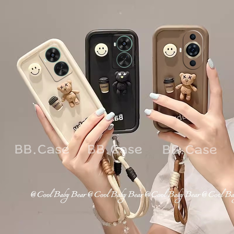 เคสโทรศัพท์ Case Huawei Nova 12i 12s 12 SE 11i 11 Pro 10 Pro SE 9 SE เคสโทรศัพท์ มือถือ แบบนิ่ม ลายการ์ตูนหมีกาแฟ 3D กันกระแทก ป้องกันเลนส์กล้อง พร้อมสายคล้อง สําหรับ 2024