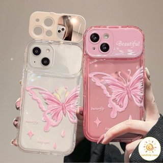 Flip Mirrorกระจกแต่งหน้ารูปผีเสื้อสีชมพู ไอโฟน11 For iPhone11 12 13 14 15Pro MAX X XS XR XS 6 7 8Plus SE2020 เคสโทรศัพท์