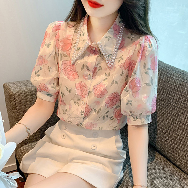 เสื้อเชิ้ตแขนสั้น ผ้าชีฟอง ประดับลูกปัด ลายดอกไม้ สวยงาม แฟชั่นฤดูร้อน สําหรับผู้หญิง