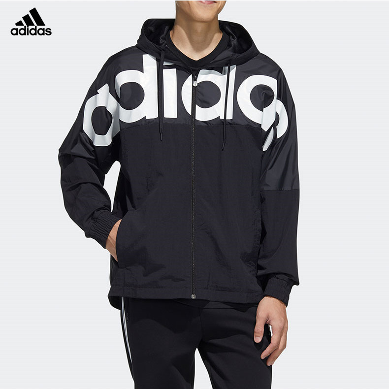 Adidas Mens Retro Trend Color-Block Print Hooded Windbreaker Couple Running Sports Training Quick Dr