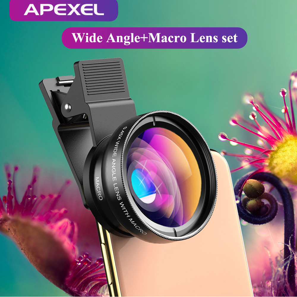 Apexel ใหม่ เลนส์มุมกว้าง HD 37 มม. 0.45x พร้อมเลนส์มาโคร 12.5x สําหรับ iPhone Samsung สมาร์ทโฟน กล้อง โทรศัพท์