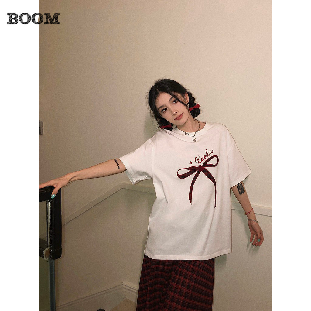 （จัดส่งตลอด 24 ชั่วโมง）BOOM SHOP เสื้อยืดแขนสั้น bowknot ผ้าฝ้าย ทรงโอเวอร์ไซส์ สไตล์เกาหลี Oversize