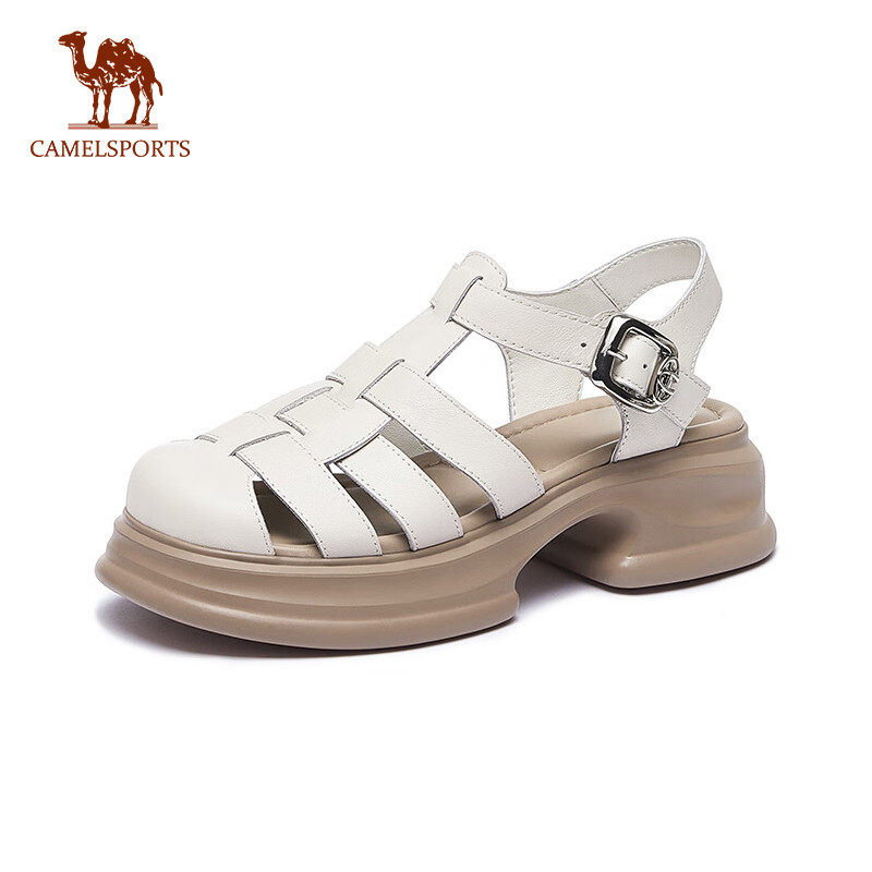 CAMEL SPORTS รองเท้าแตะ หนังวัวแท้ แบบถัก ส้นหนา สไตล์โรมัน เรโทร สําหรับผู้หญิง