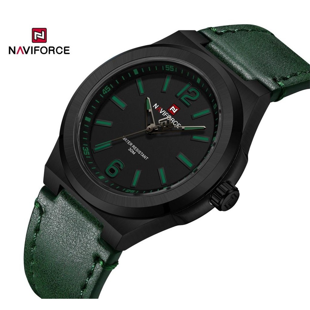 Naviforce นาฬิกาข้อมือควอตซ์แฟชั่น สายหนังวัวแท้ กันน้ํา สีเขียว หรูหรา สําหรับบุรุษ