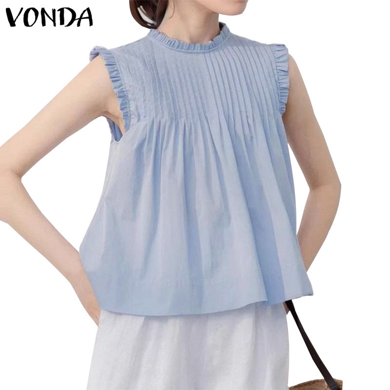 Vonda เสื้อเบลาส์ แขนกุด คอตั้ง จับจีบ สไตล์เกาหลี สําหรับผู้หญิง