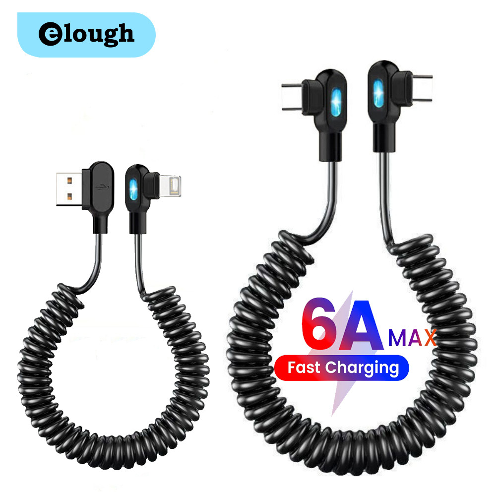 Elough 6A Dual Elbow 60W Fast Charging Type C ถึง Type C สายพร้อมไฟ LED 2.4A USB ถึง lOS สายชาร์จ 1M 1.5M