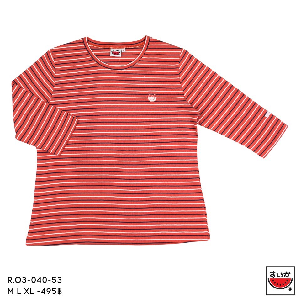 เสื้อแตงโม (SUIKA) - เสื้อแตงโม ริ้วคอกลมแขนสามส่วน ปักแตงโมตรงอก (R.O3-040) — صورة 4