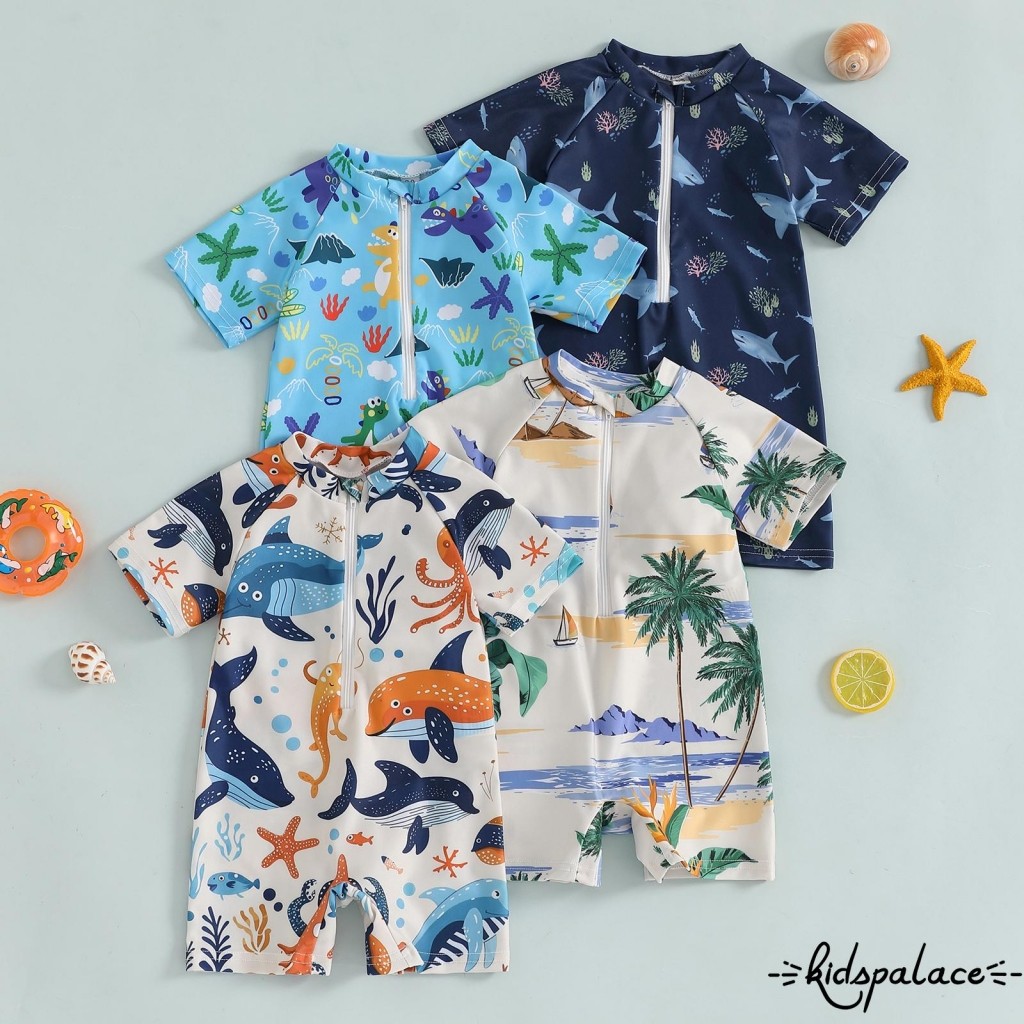 (จัดส่งในกรุงเทพฯ)-เด็กวัยหัดเดินเด็กสาวชุดว่ายน้ํา Shark พิมพ์แขนสั้น Mock คอ Zip Up Rash Guard ชุด