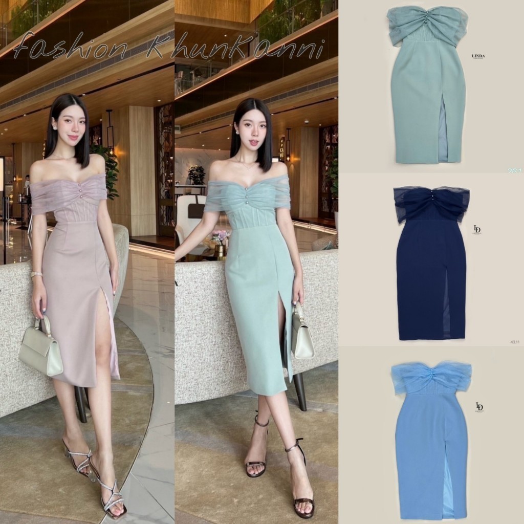 PK.ss l 🚩พร้อมส่ง🚩LINDA50 62 79 เดรสสีจริงสวยมากผ้าตาข่ายอย่างดีไม่คัน กระโปรงผ่าหน้า มีฟองน้ำในตัว 