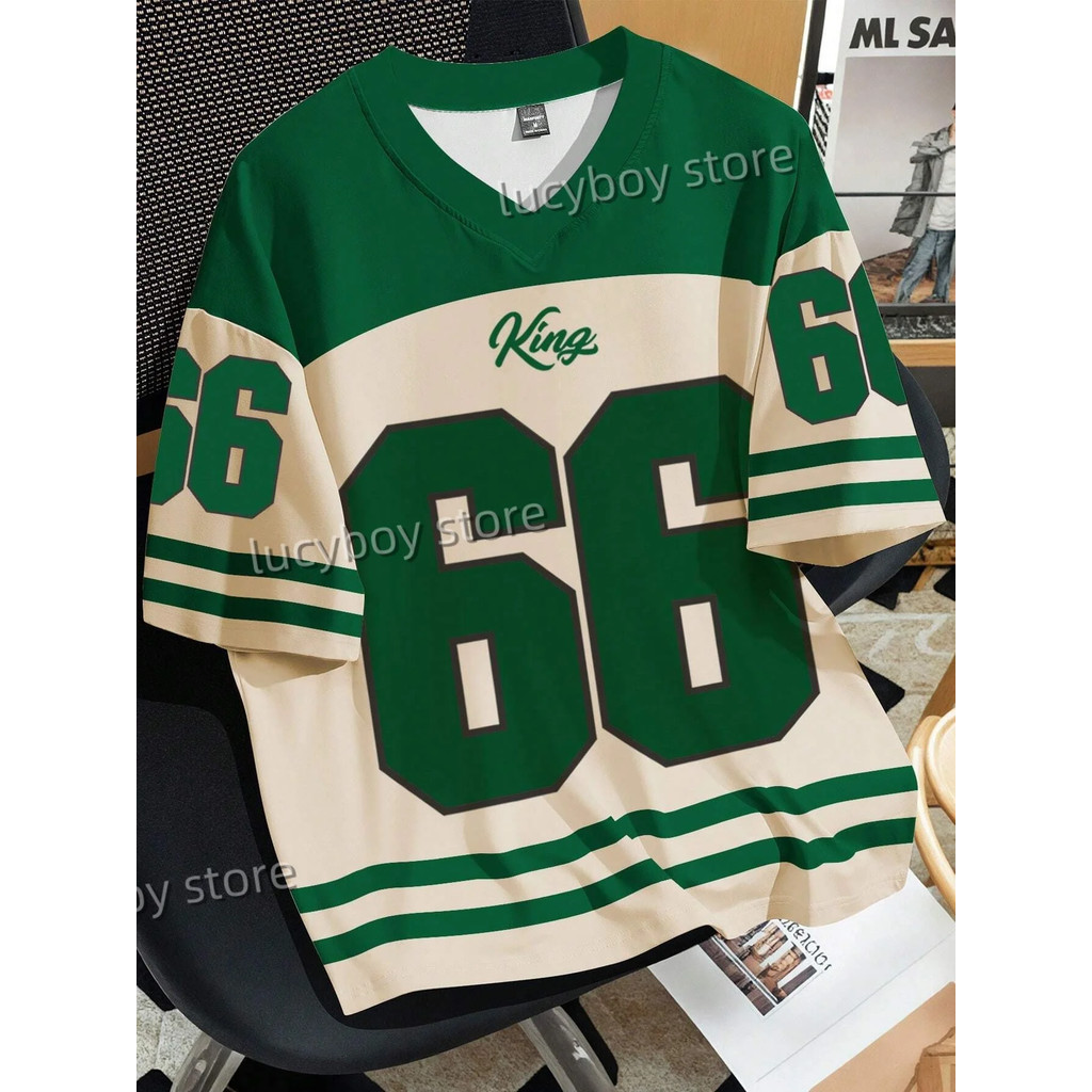 Mens Number 66 Letter KING พิมพ์เสื้อยืด Man แขนสั้น Sportwear ฟุตบอลเสื้อยืด Vintage Oversize ลาย Tees ผู้ชายเสื้อผ้า