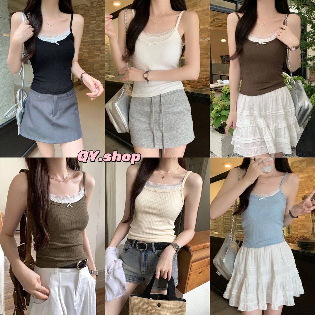 QY.Shop⭐️สินค้าราคาพิเศษ⭐️เสื้อสายเดี่ยวคอกลม มีฟองน้ำ ดีเทลแต่งขอบลูกไม้ ผ้านุ่มนิ่มติดโบว์ "FY2109-P"