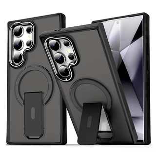 สําหรับ Samsung Galaxy S26 S25 S24 Plus S26 Ultra S25FE S24FE โลหะหรูหราเลนส์ Flip Bracket เคสโทรศัพท์แม่เหล็กโปร่งแสง Matte กันกระแทก Hard อะคริลิคฝาครอบ