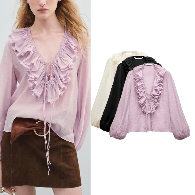 จ้าวหลิน 2025 เสื้อเชิ้ตแขนยาวคอวีระบายสีขาวสําหรับผู้หญิงสไตล์ใหม่8544207