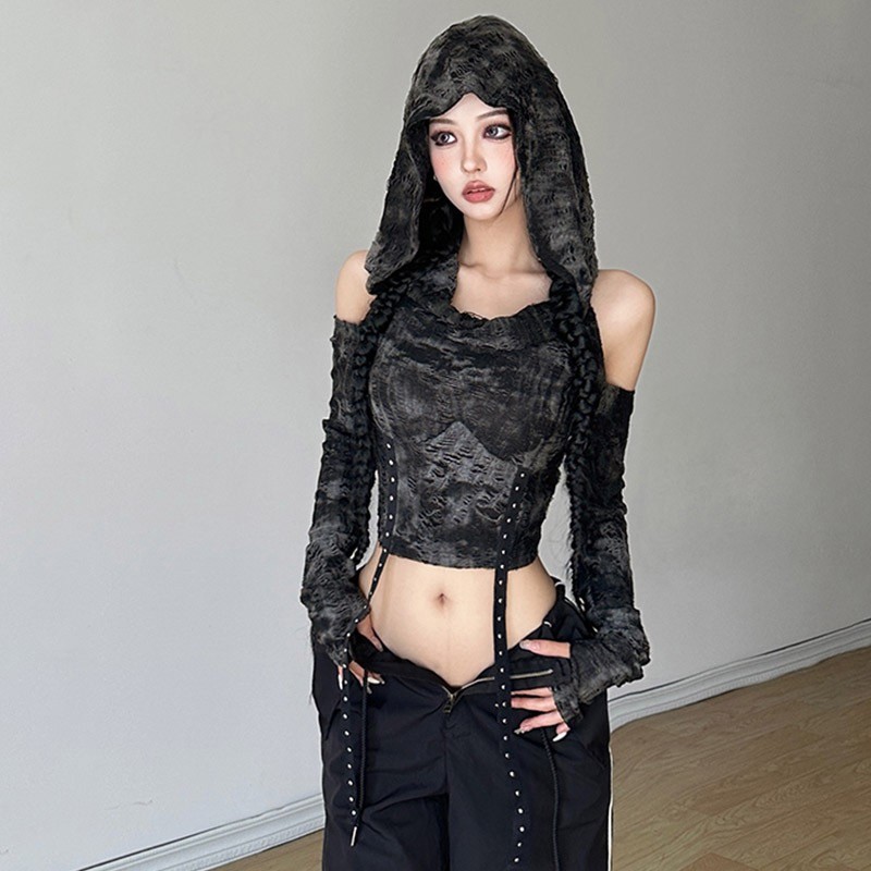 ที-เชิ้ตแขนยาวแบบมีฮู้ด แบบดิสเทรต ทำมือ สไตล์ Wasteland สำหรับผู้หญิง ทรงเข้ารูป เอวสูง ท็อปสั้นที่ไม่ซ้ำใคร จับคู่กับ Jianguanhuan VLVW