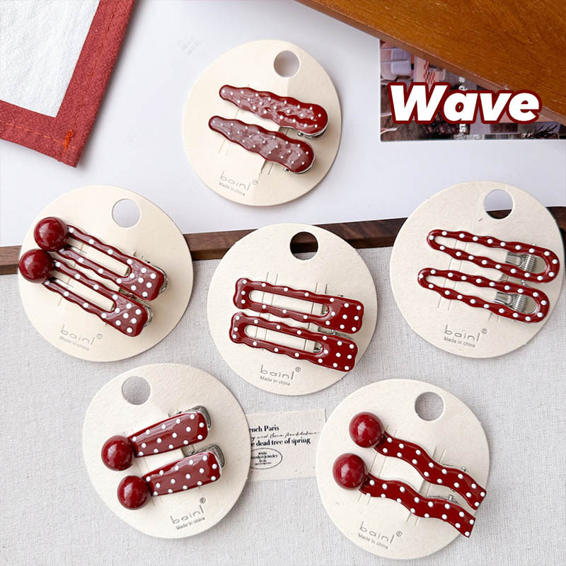 Rubuyou ไวน์แดง Polka ลายจุดคลิปผมลูกปัดโลหะคลิปผมหน้าม้าวินเทจไวท์เทนนิ่งคลิปขอบ