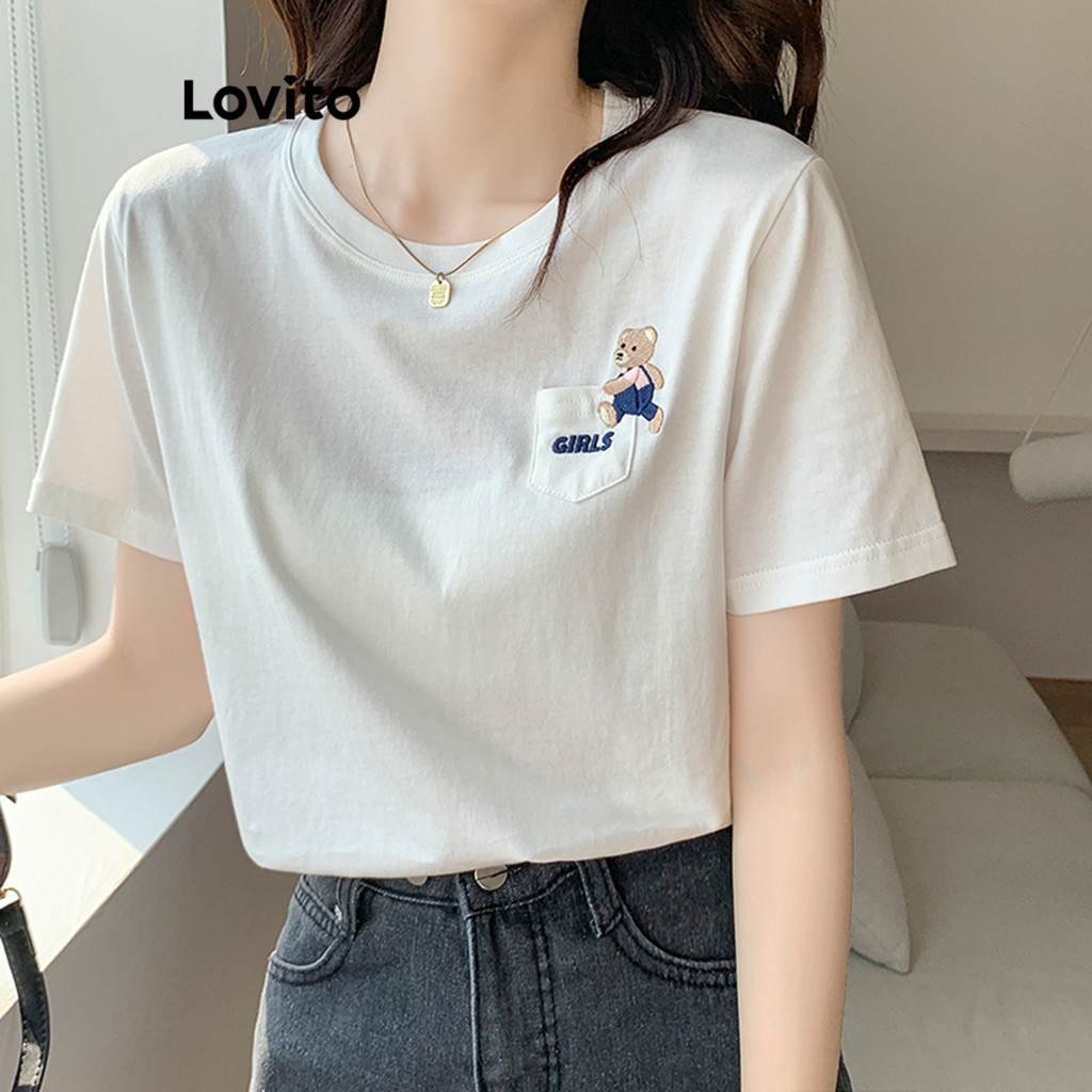Lovito เสื้อยืดผู้หญิง ลายสัตว์ สไตล์ลำลอง LNE42224