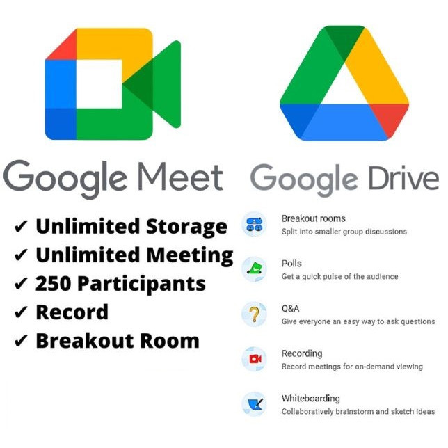 Google Drive Google Meet Unlimited Storage &amp; Meeting Time (24 hours, Record, 250 Participants)