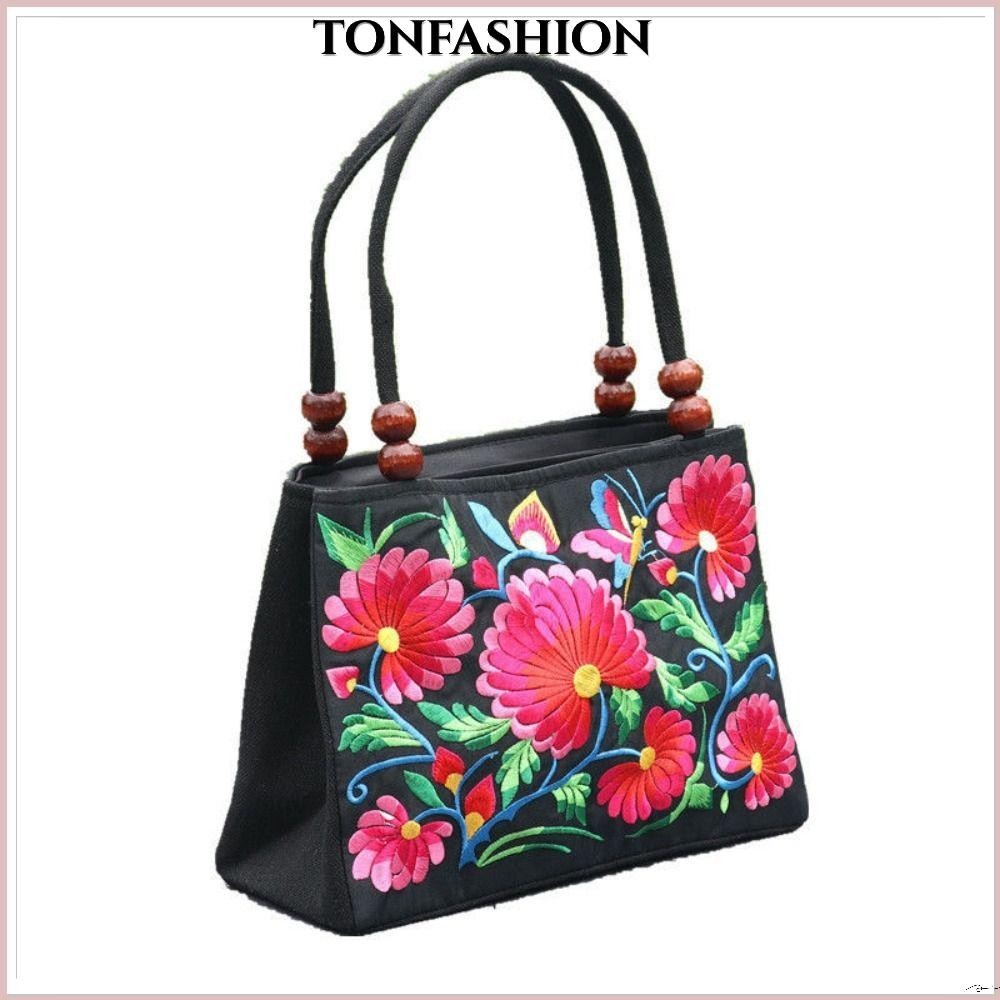 Tonfashion กระเป๋าถือ ผ้าแคนวาสถัก ปักลายดอกไม้ สไตล์เรโทร จุของได้เยอะ สําหรับผู้หญิง