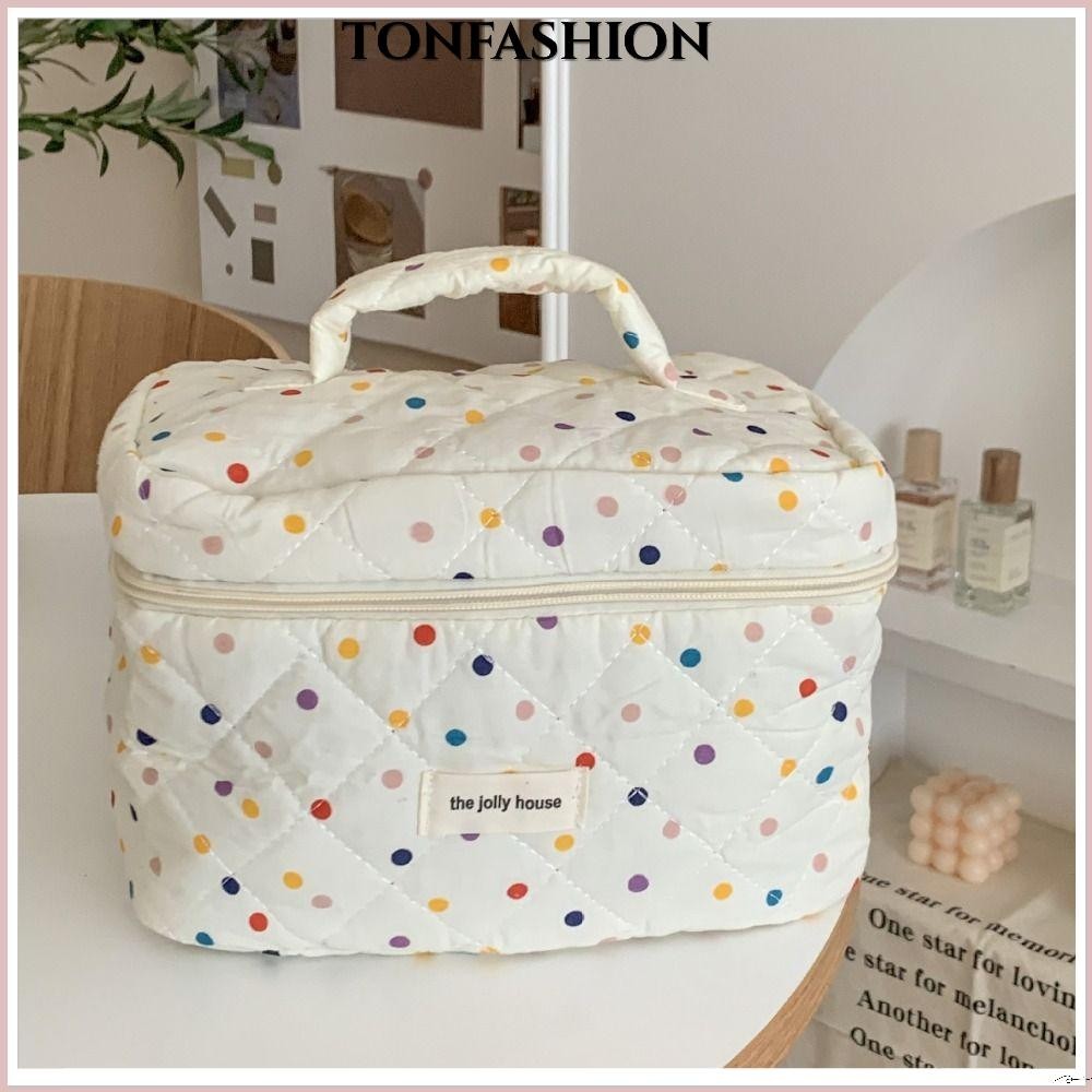 Tonfashion กระเป๋าเครื่องสําอาง ผ้าฝ้าย ลายจุด มีซิป ความจุขนาดใหญ่ สําหรับผู้หญิง