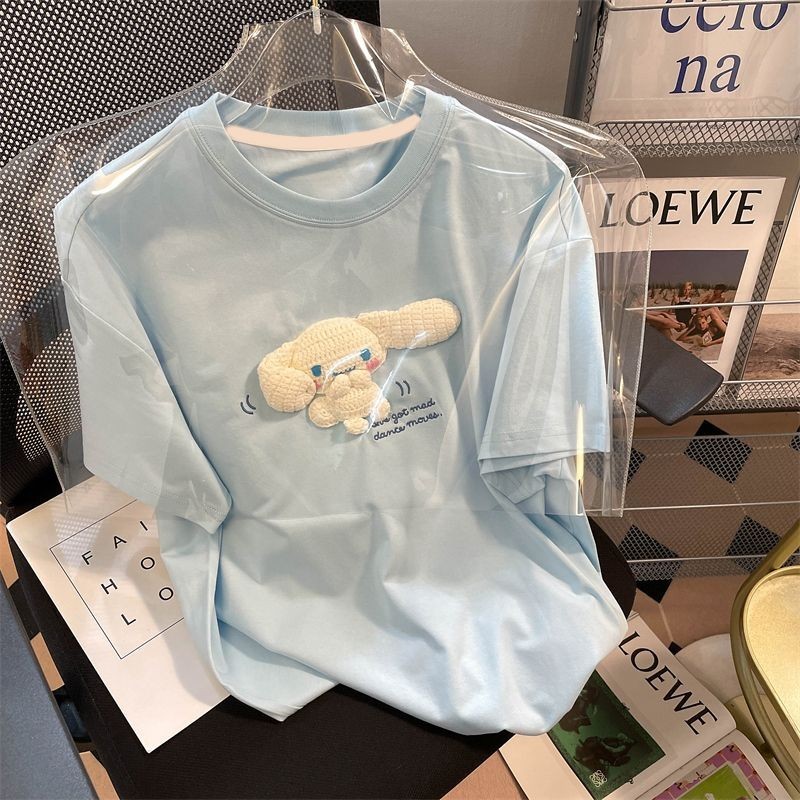 เสื้อยืดแขนสั้น ผ้าฝ้ายแท้ พิมพ์ลาย Cinnamon Dog น่ารัก สามมิติ สีฟ้า แฟชั่นฤดูร้อน สําหรับผู้หญิง