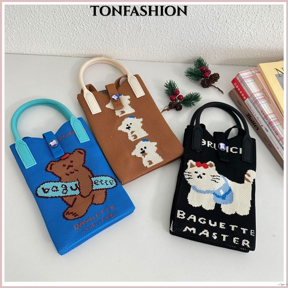 Tonfashion กระเป๋าถือ ผ้าถัก แฮนด์เมด ความจุสูง ลายการ์ตูน สําหรับนักเรียน
