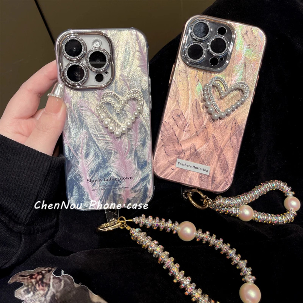 เคสโทรศัพท์มือถือแบบแข็ง กันกระแทก กันรอยเลนส์กล้อง ลายขนนก ประดับมุก หรูหรา สําหรับ iPhone15 14 13 12 11 Pro Max
