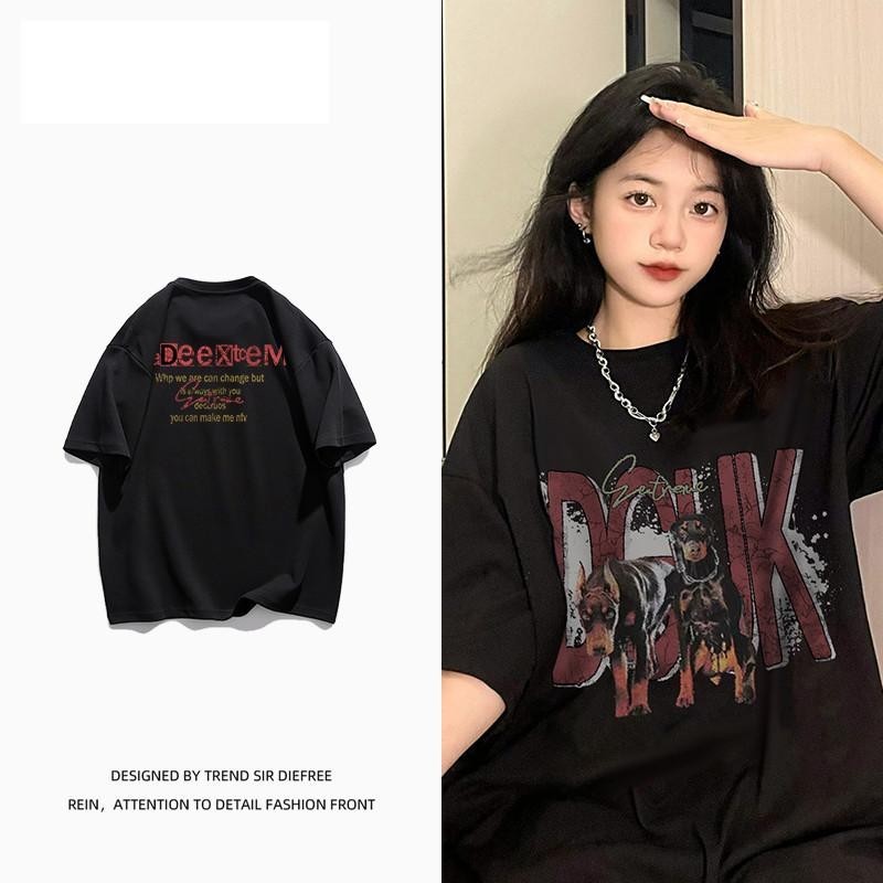 เกาหลี เสื้อแบบดารา เสื้อยืดแขนสั้น CMDXY0340 ผู้ชาย ผู้หญิง ลายทาง ตัวอักษร หลวม ลายสกรีน ฤดูร้อน ฤดูใบไม้ผลิ