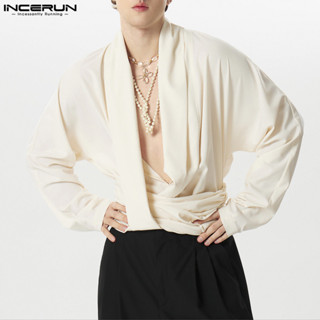 Incerun เสื้อเชิ้ตลําลอง แขนยาว คอวี สีพื้น สไตล์วินเทจ สําห…