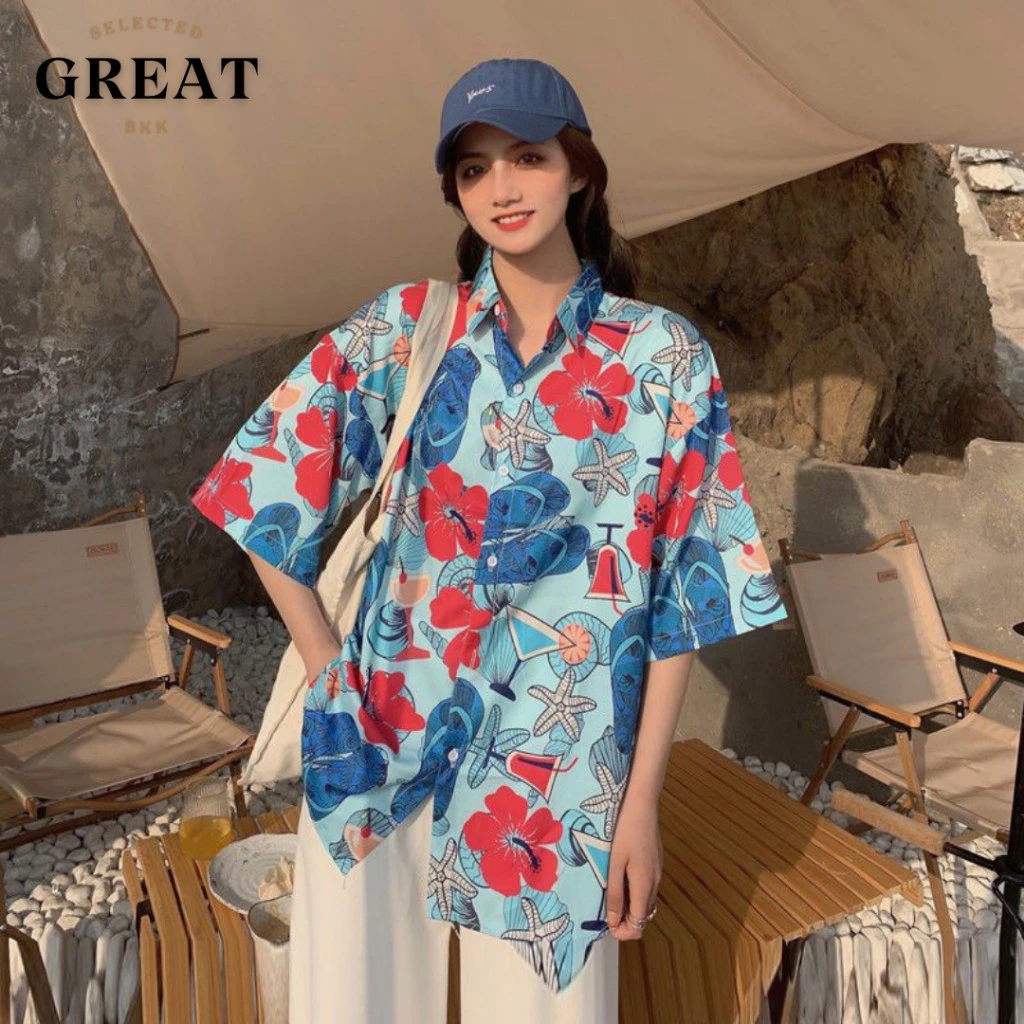 เสื้อฮาวายลายดอกชบา แขนสั้น กระดุมแกะได้ thumbnail 7