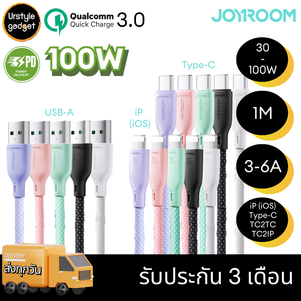 Joyroom สายชาร์จ สีพาสเทล A34 ชาร์จเร็วสำหรับ iP (iOS), TC, TC to TC, TC to iP (iOS), จ่ายไฟสูงสุด 100W (QC, PD)